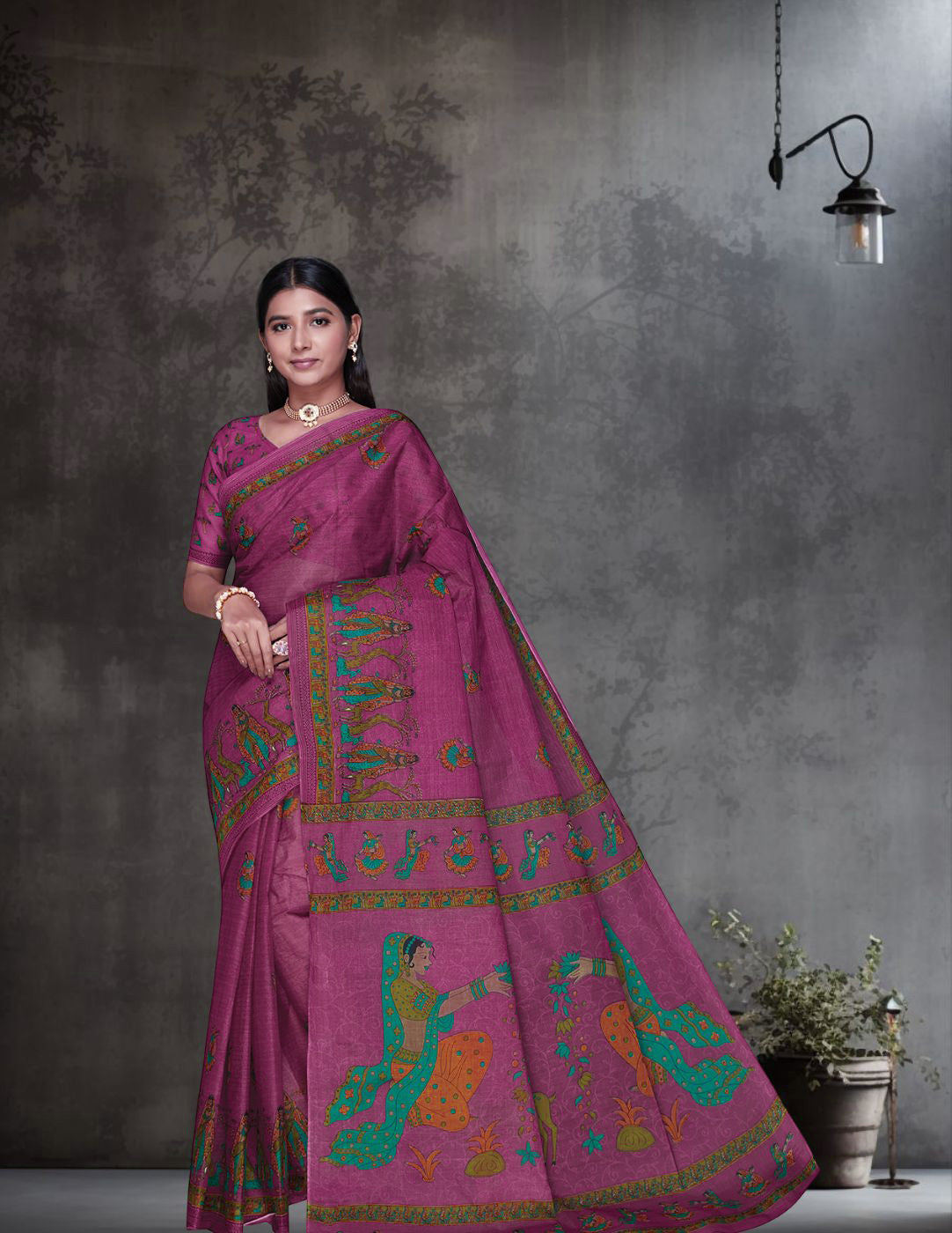 ROSHNI Wine Printed Pure Cotton Saree