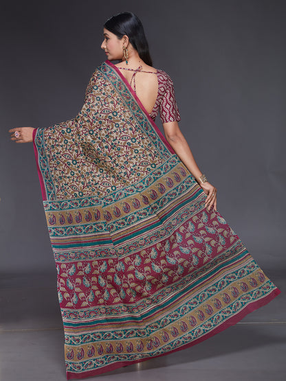 KALAMKARI Beige Printed Pure Cotton Saree