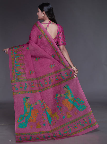 ROSHNI Wine Printed Pure Cotton Saree