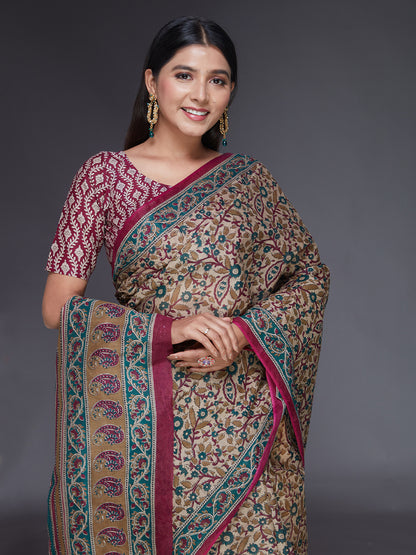KALAMKARI Beige Printed Pure Cotton Saree
