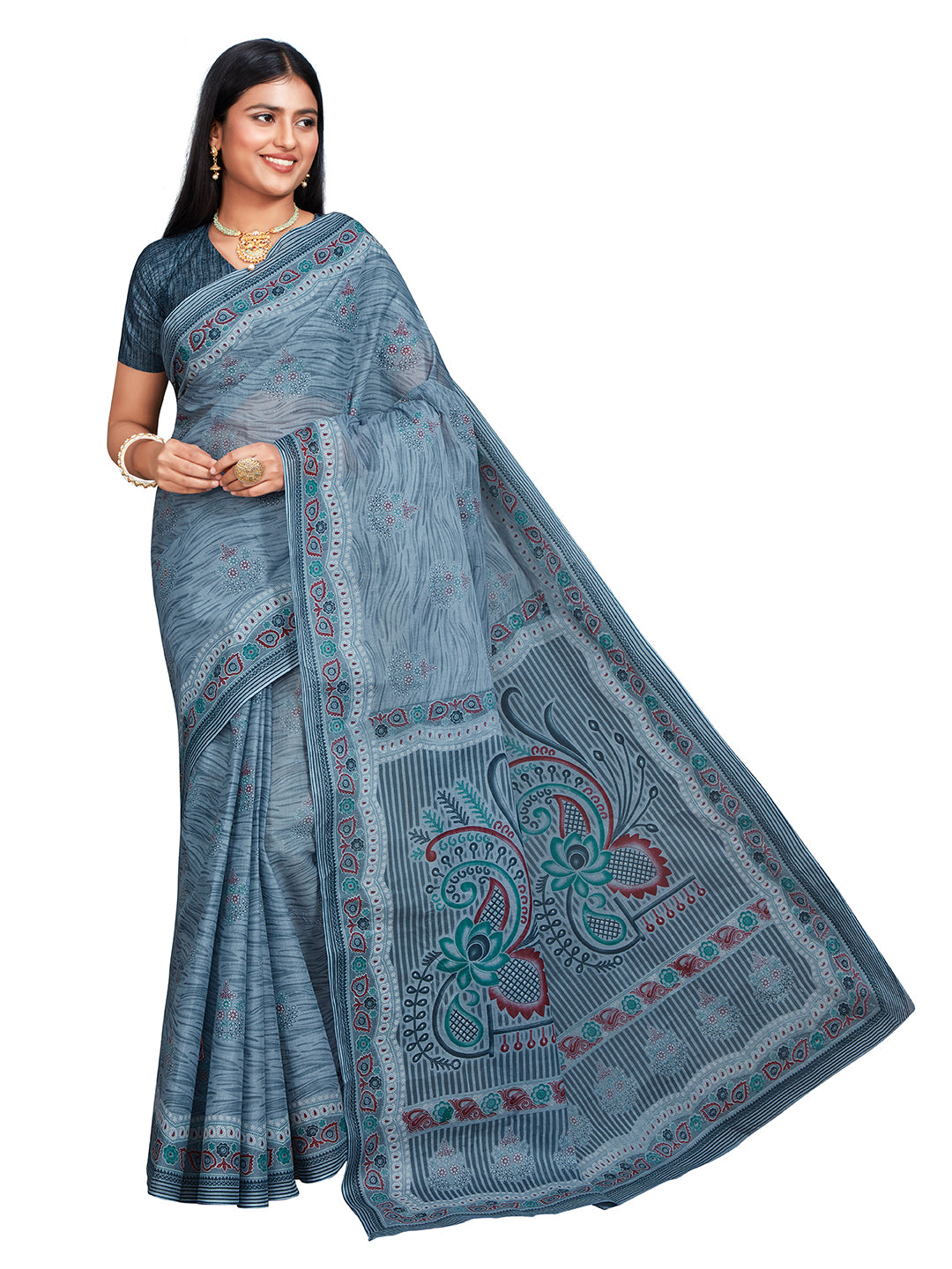 ANJLEE Grey Printed Pure Cotton Saree