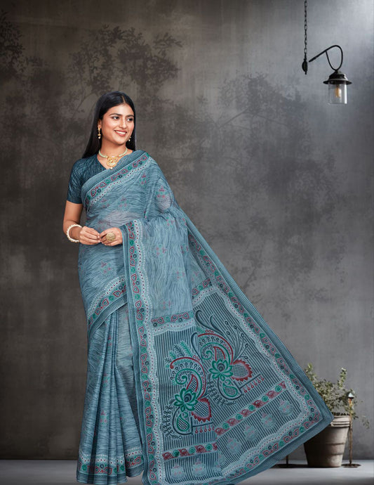 ANJLEE Grey Printed Pure Cotton Saree