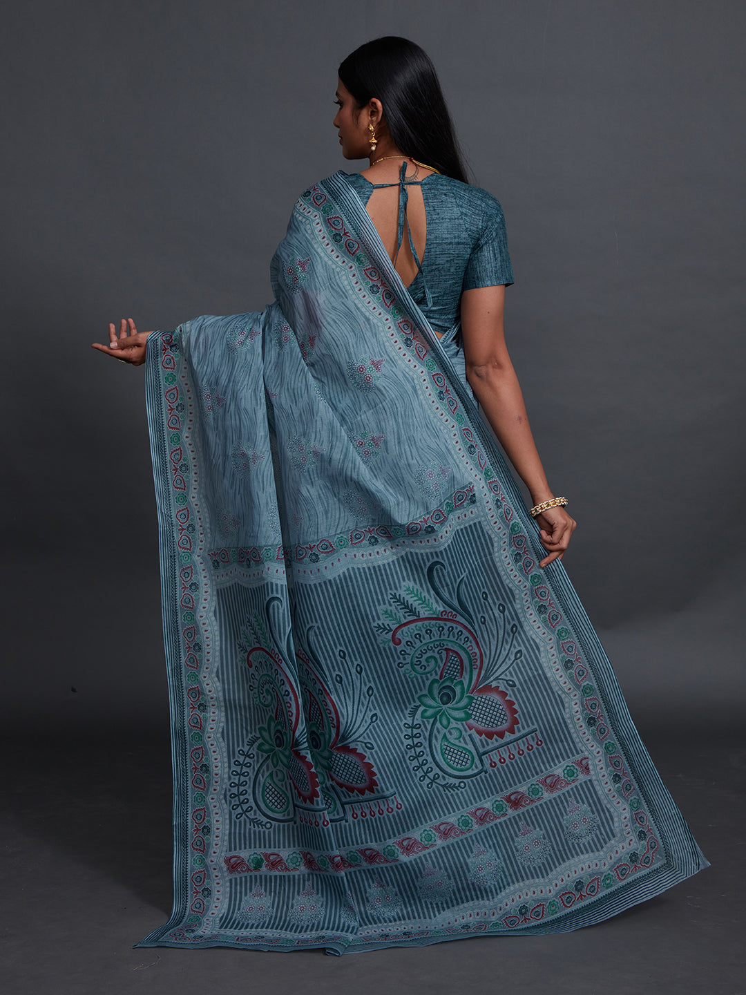 ANJLEE Grey Printed Pure Cotton Saree