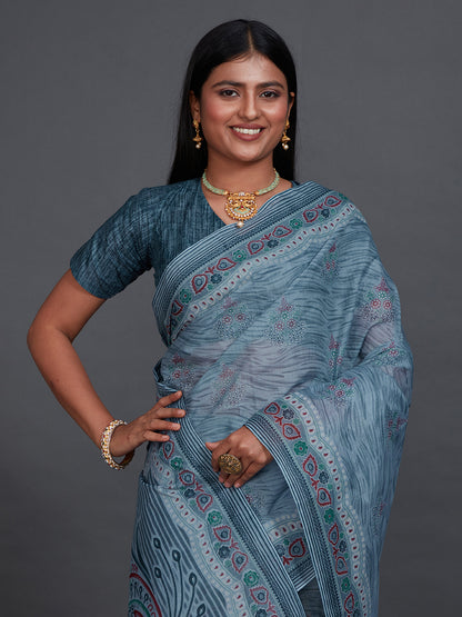 ANJLEE Grey Printed Pure Cotton Saree