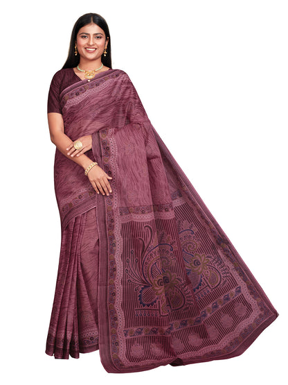ANJLEE Wine Printed Pure Cotton Saree