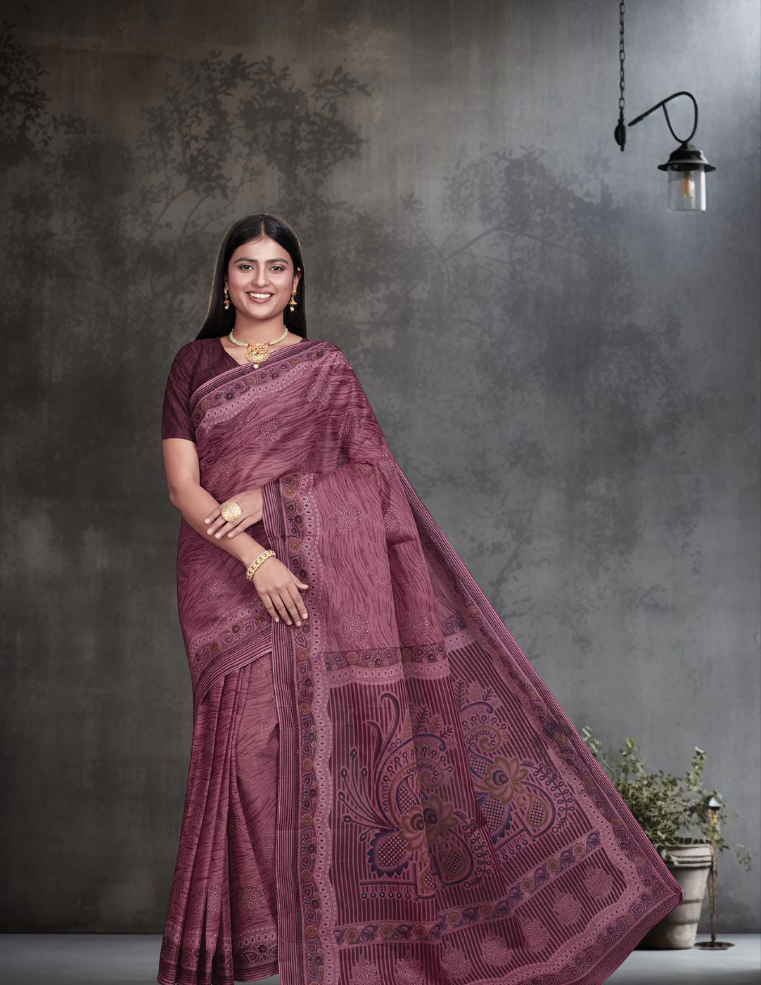 ANJLEE Wine Printed Pure Cotton Saree