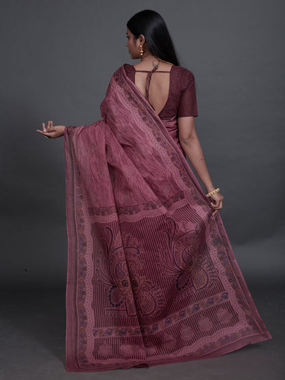 ANJLEE Wine Printed Pure Cotton Saree