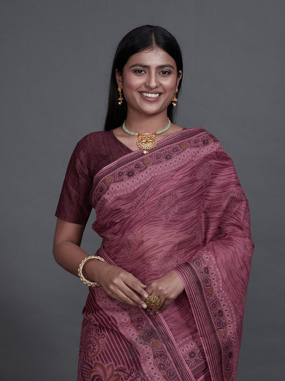 ANJLEE Wine Printed Pure Cotton Saree