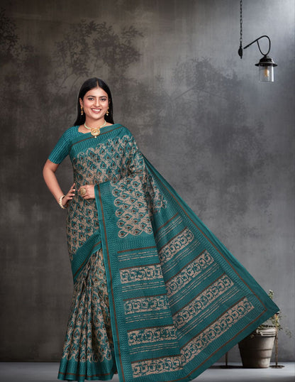 ANJLEE Green Printed Pure Cotton Saree
