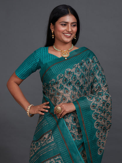 ANJLEE Green Printed Pure Cotton Saree