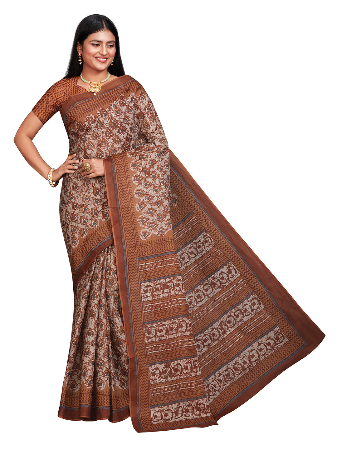 ANJLEE Brown Printed Pure Cotton Saree