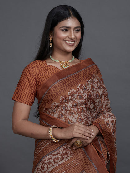 ANJLEE Brown Printed Pure Cotton Saree