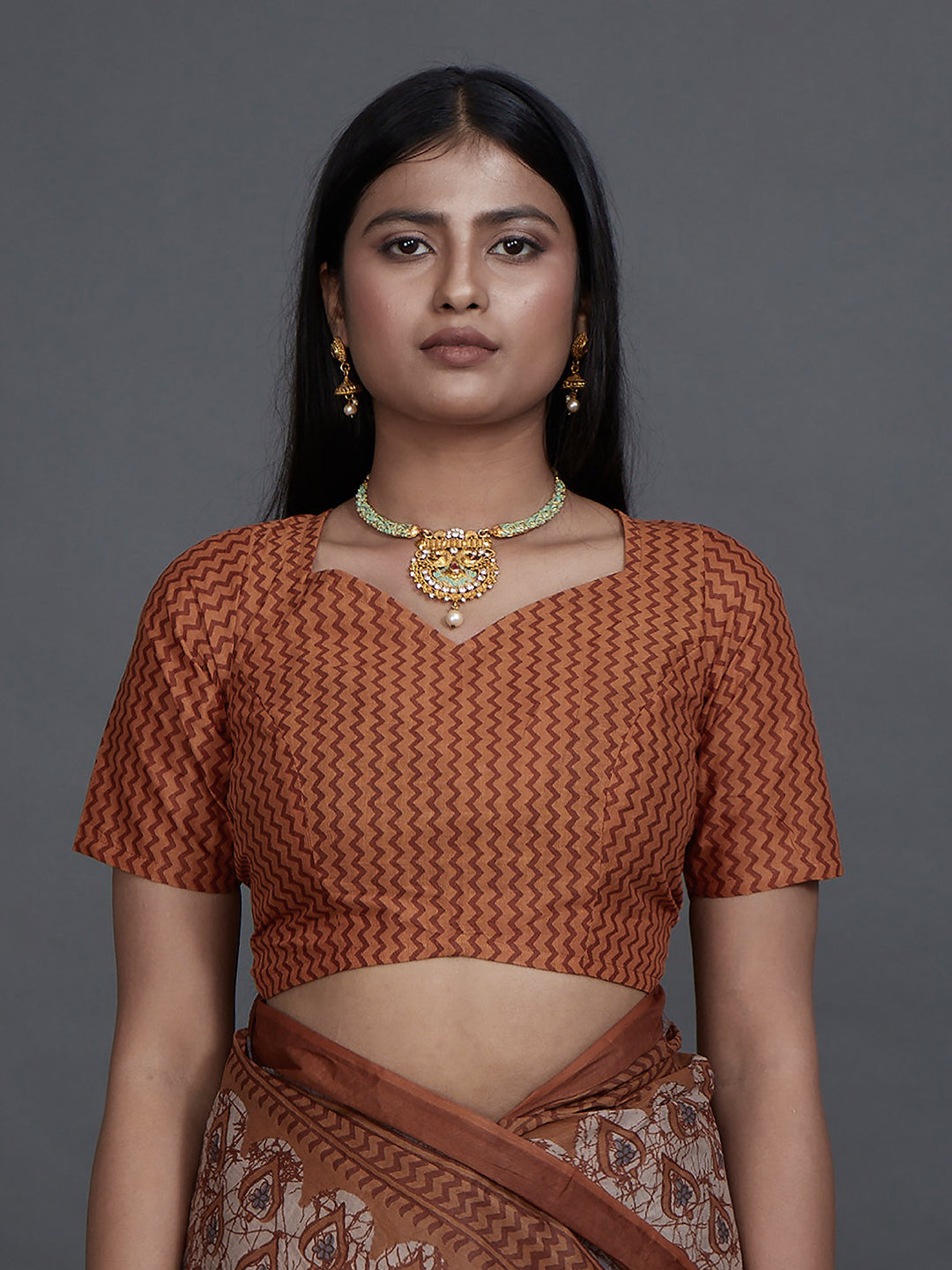 ANJLEE Brown Printed Pure Cotton Saree
