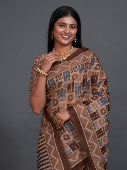 ANJLEE Brown Printed Pure Cotton Saree