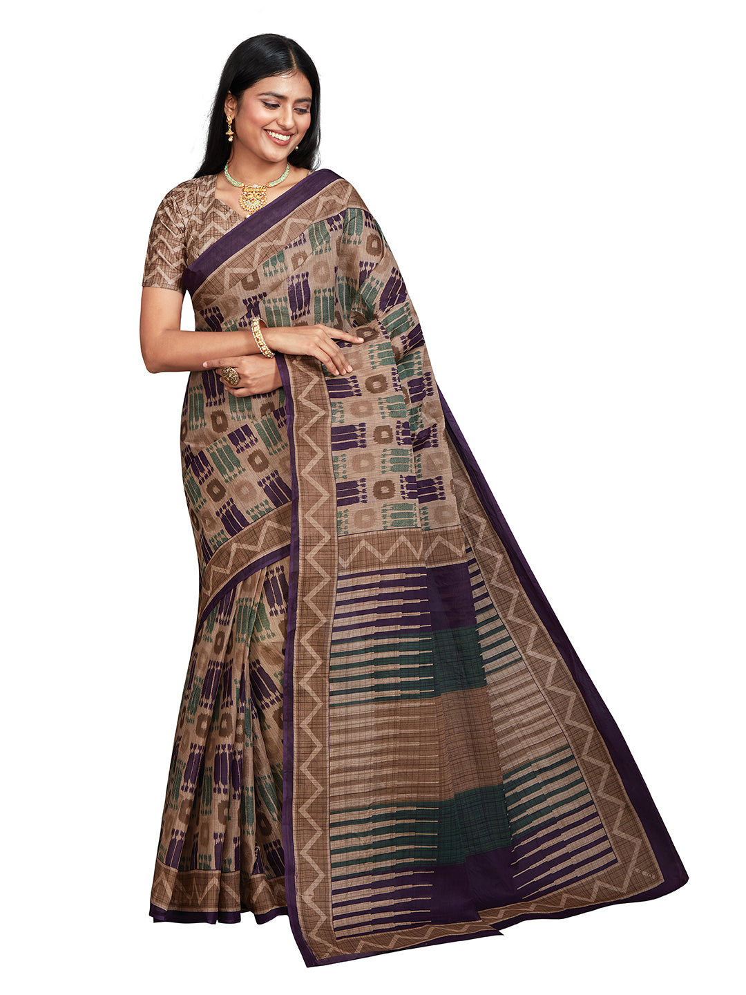 ANJLEE Brown Printed Pure Cotton Saree
