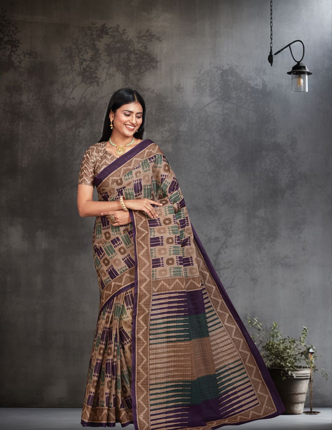 ANJLEE Brown Printed Pure Cotton Saree