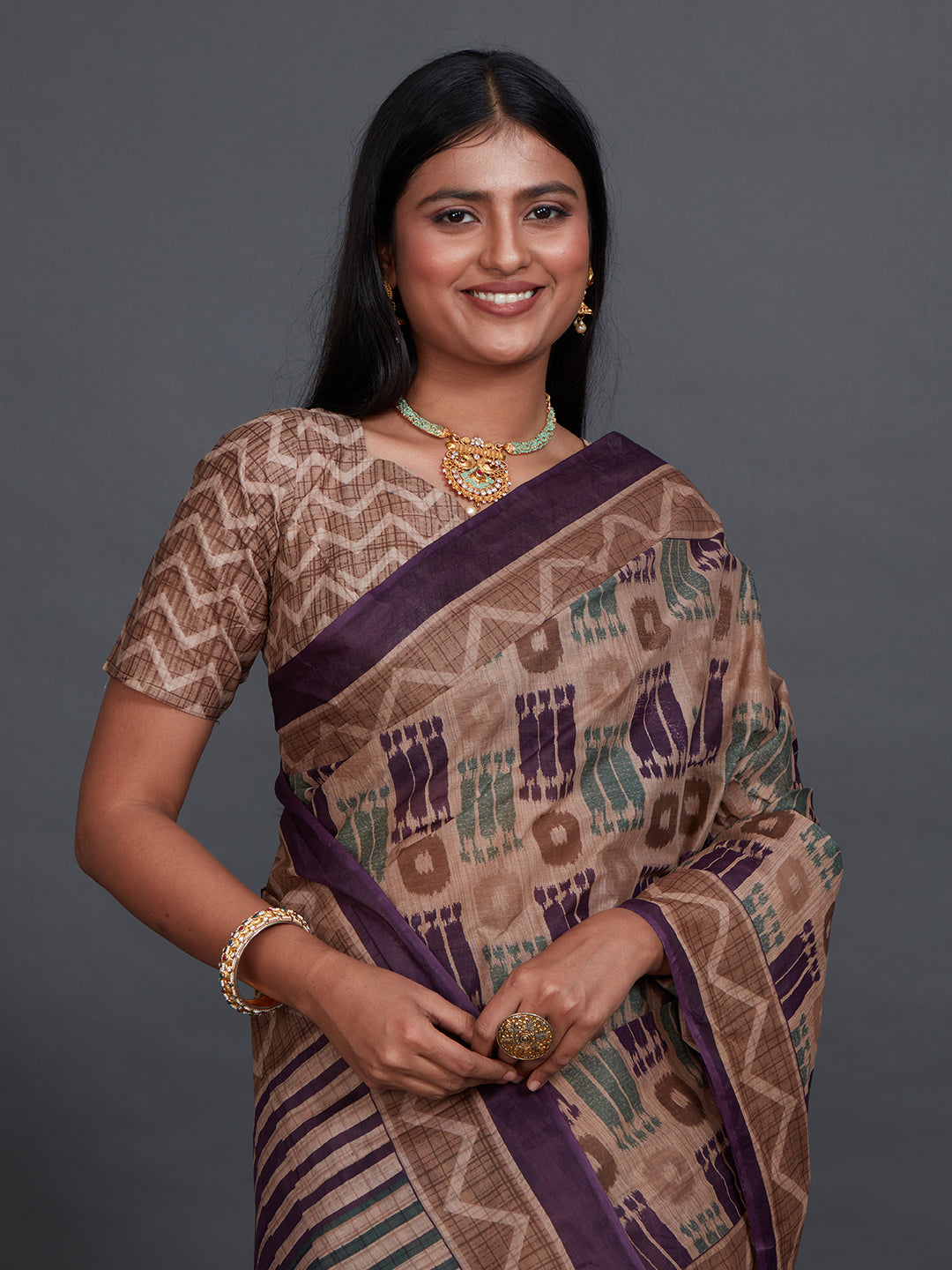 ANJLEE Brown Printed Pure Cotton Saree