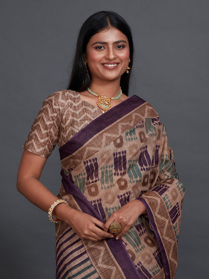 ANJLEE Brown Printed Pure Cotton Saree