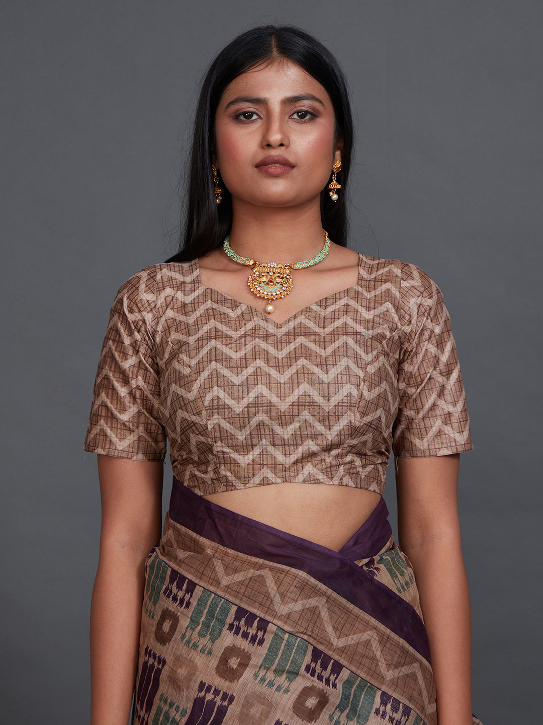 ANJLEE Brown Printed Pure Cotton Saree