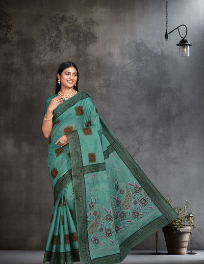 ANJLEE Green Printed Pure Cotton Saree