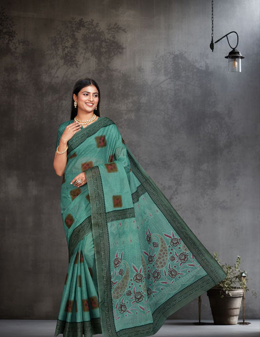 ANJLEE Green Printed Pure Cotton Saree