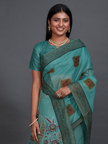 ANJLEE Green Printed Pure Cotton Saree
