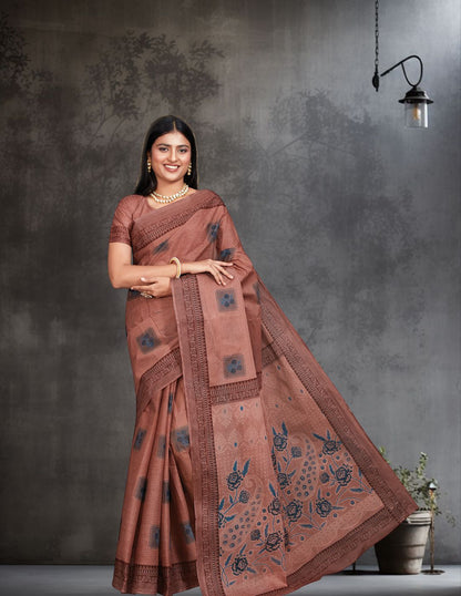 ANJLEE Peach Printed Pure Cotton Saree