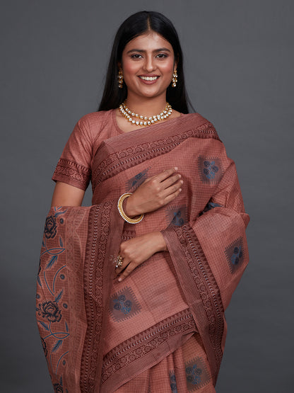 ANJLEE Peach Printed Pure Cotton Saree