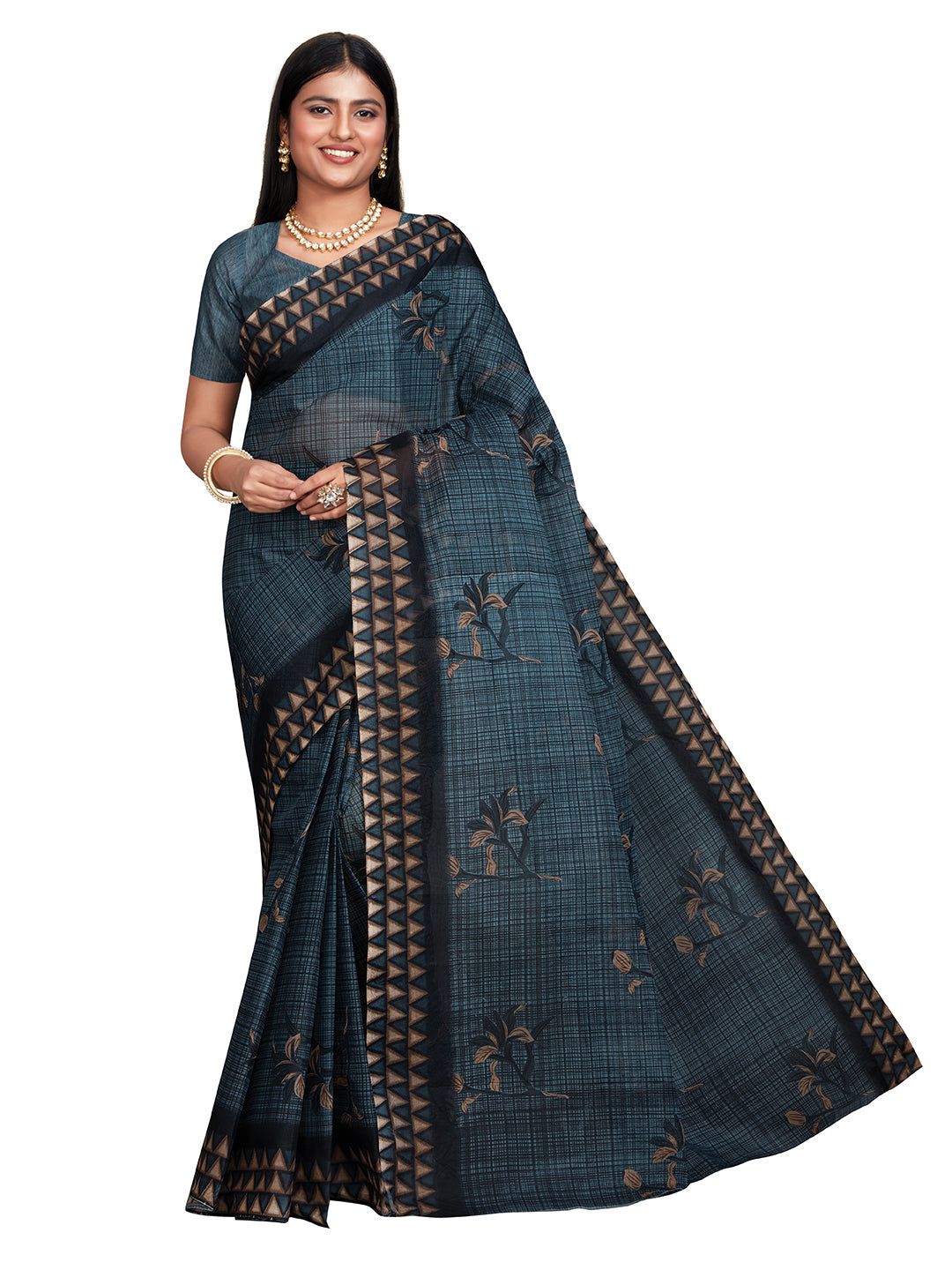 ANJLEE Navy Blue Printed Pure Cotton Saree