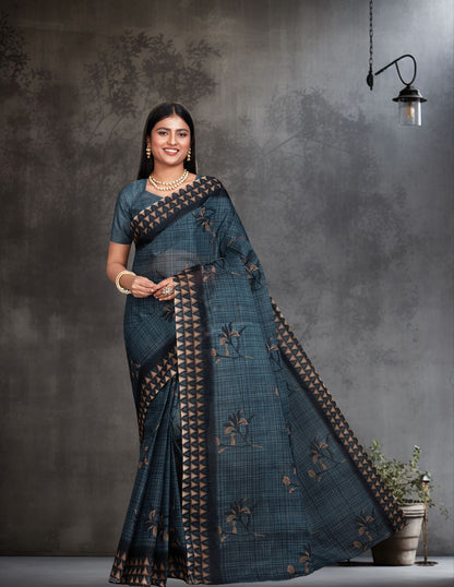 ANJLEE Navy Blue Printed Pure Cotton Saree
