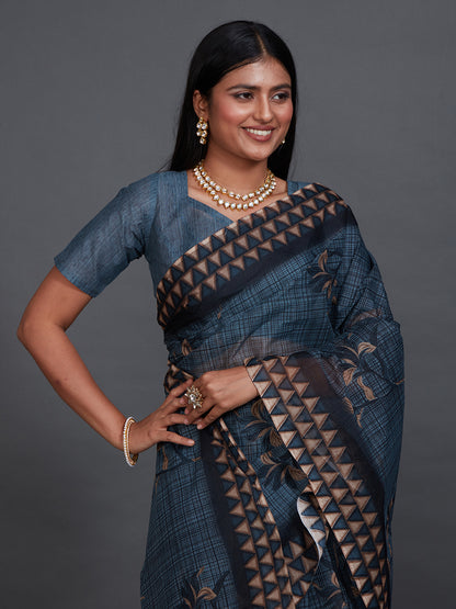 ANJLEE Navy Blue Printed Pure Cotton Saree