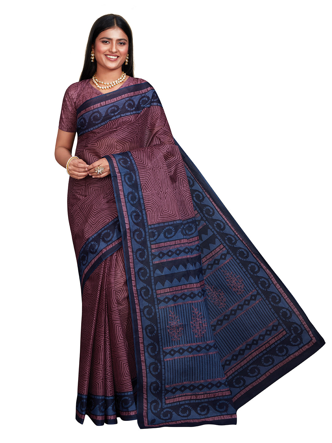 ANJLEE Wine Printed Pure Cotton Saree