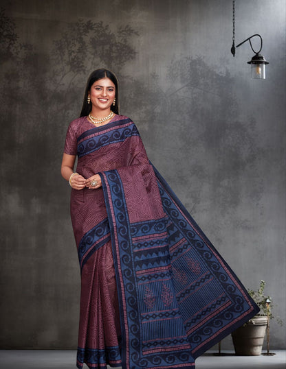 ANJLEE Wine Printed Pure Cotton Saree