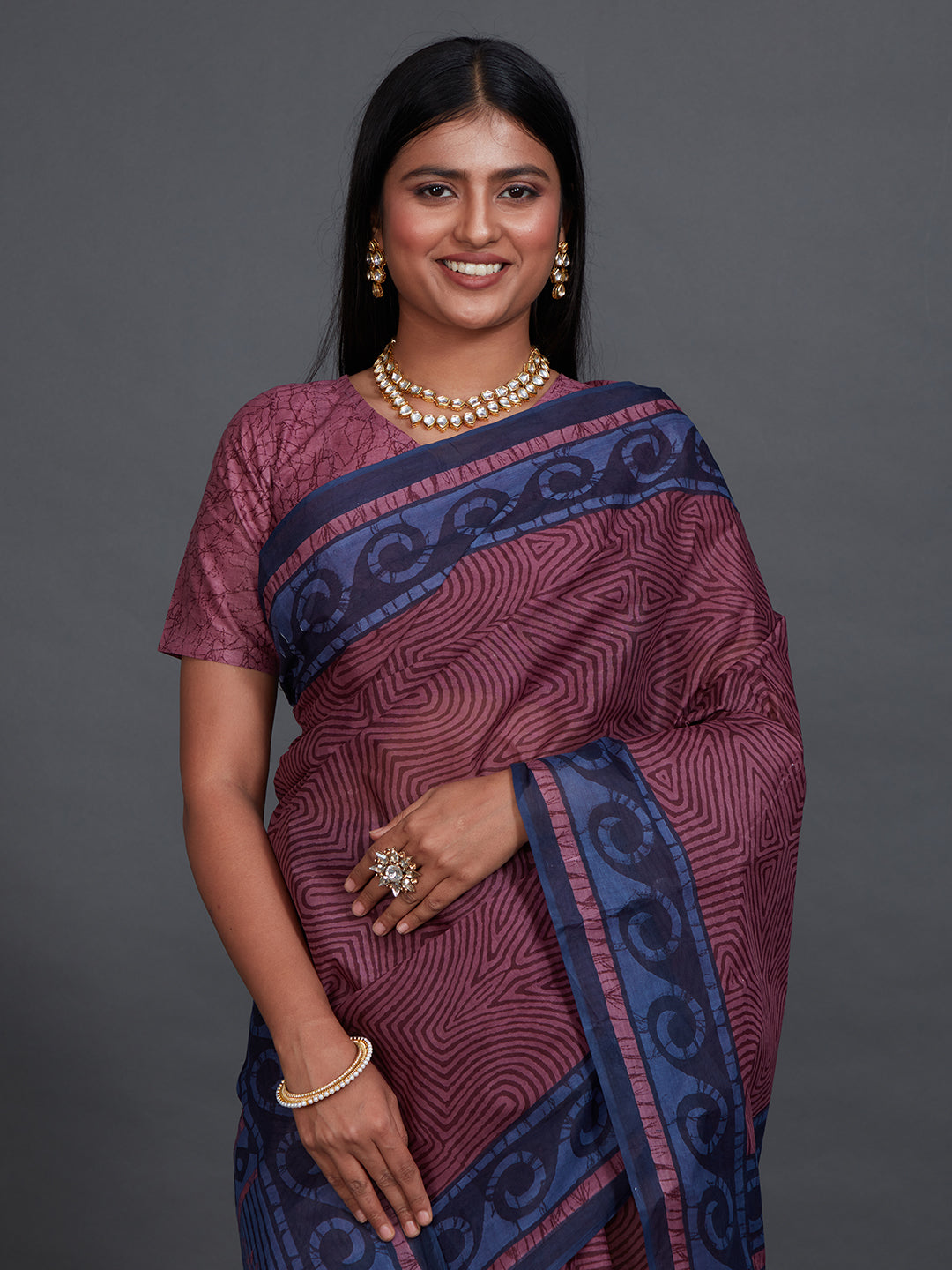 ANJLEE Wine Printed Pure Cotton Saree