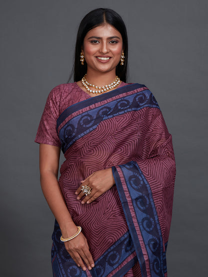 ANJLEE Wine Printed Pure Cotton Saree