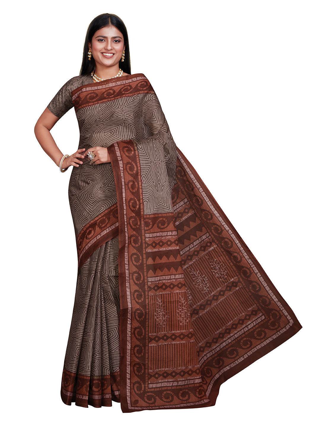 ANJLEE Grey Printed Pure Cotton Saree