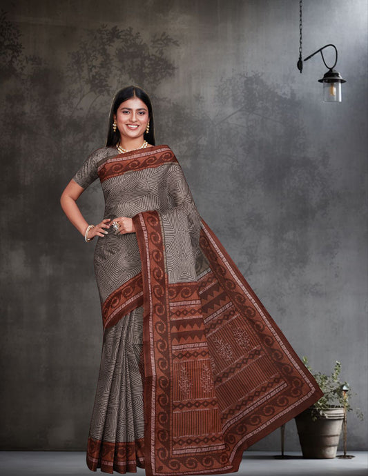 ANJLEE Grey Printed Pure Cotton Saree