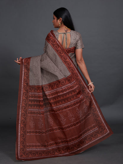 ANJLEE Grey Printed Pure Cotton Saree