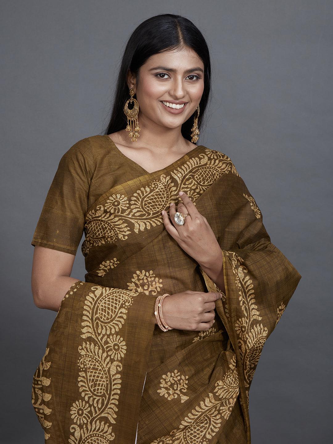TANUSHRI Olive Printed Pure Cotton Saree