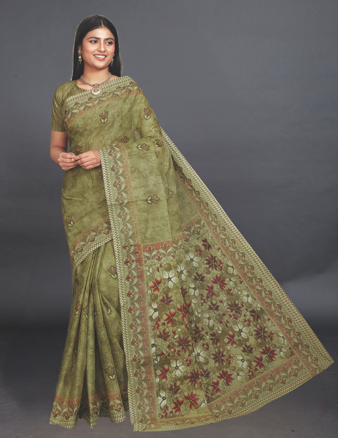 SAMAIRA Olive Printed Pure Cotton Saree
