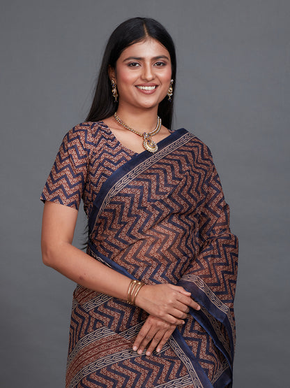 SAMAIRA Navy Blue Printed Pure Cotton Saree