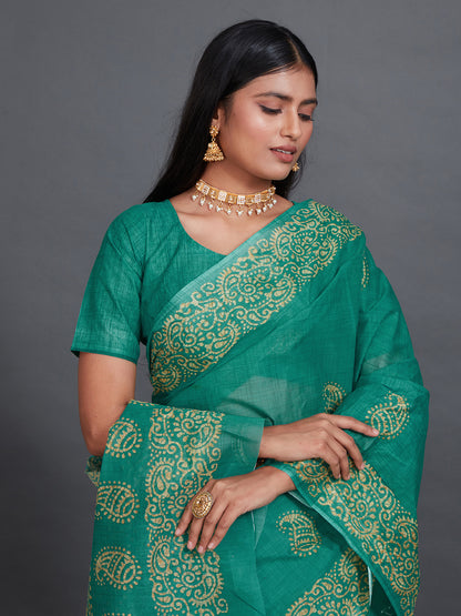 TANUSHRI Green Printed Pure Cotton Saree