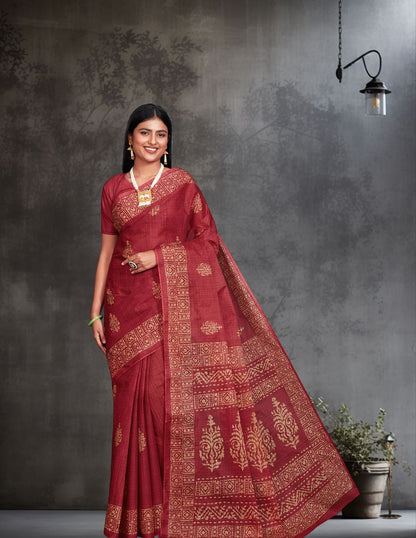 TANUSHRI Red Printed Pure Cotton Saree