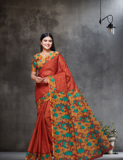 SUMANGALI Rust Printed Pure Cotton Saree