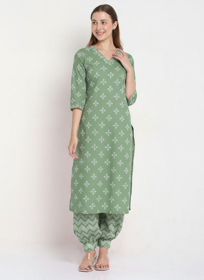 Green Cotton Printed Unstitched Dress Material (2 Pc)