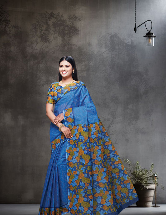 SUMANGALI Purple Printed Pure Cotton Saree