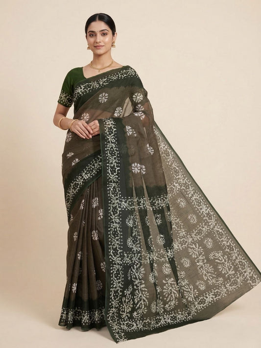 Olive Green Batik Printed Pure Cotton Saree