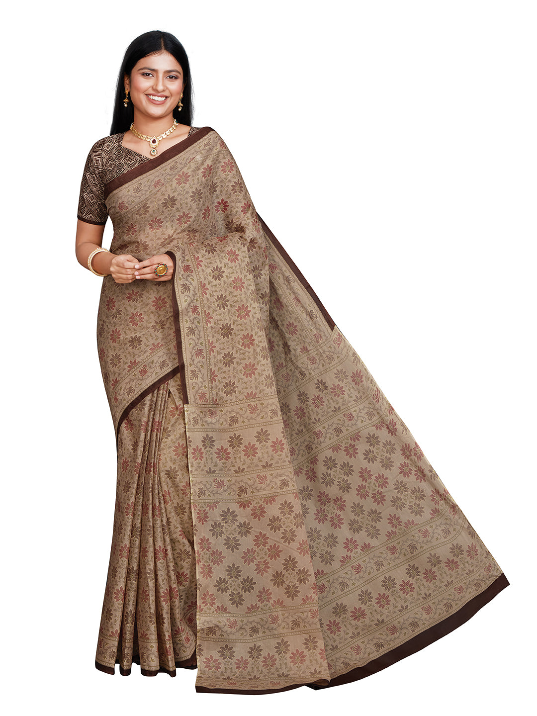 KRISHIKA Beige Printed Pure Cotton Saree