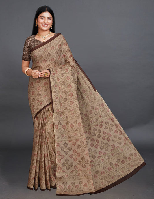 KRISHIKA Beige Printed Pure Cotton Saree