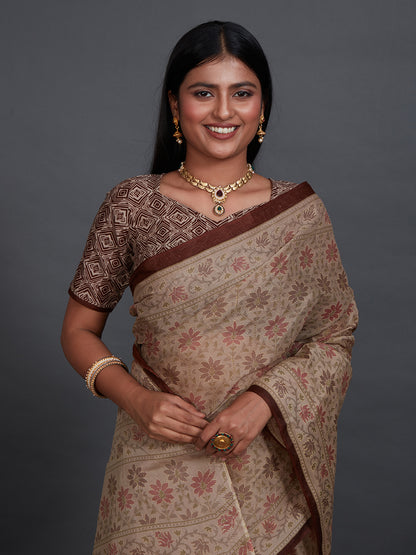 KRISHIKA Beige Printed Pure Cotton Saree